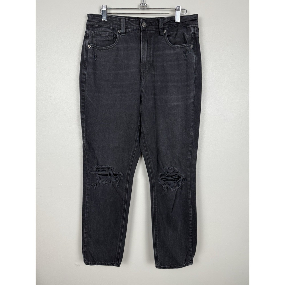 American Eagle Mom Jean Comfort Stretch Waistband Black Distressed Ripped‎ 8 Reg